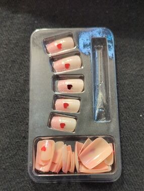 Press On Nails - Blush Pink With Red Heart Accent